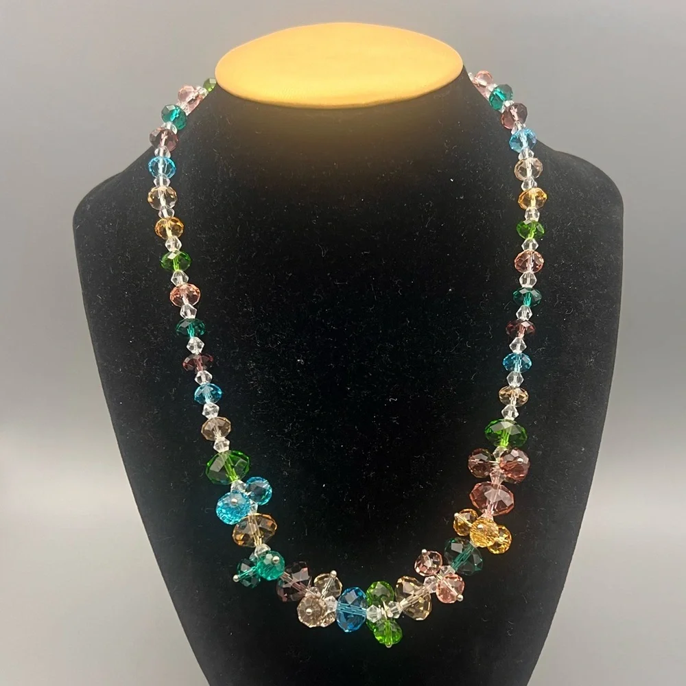 Y2K Multicolor Beaded Necklace — Crystal Flower Cluster Statement Jewelry, 18”